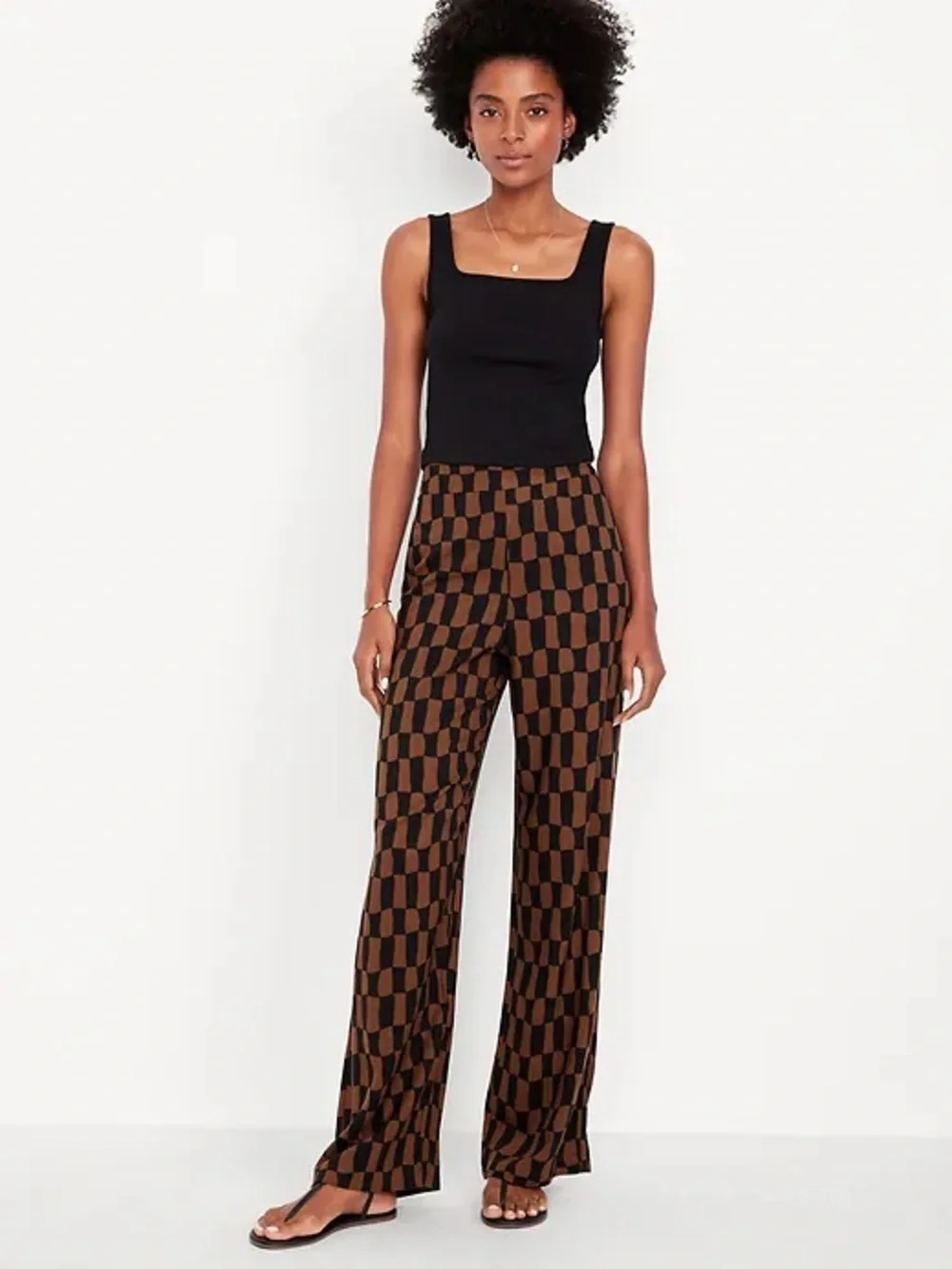 Old Navy Playa wide leg high rise elastic waist brown Checker Pants Large - Picture 1 of 9